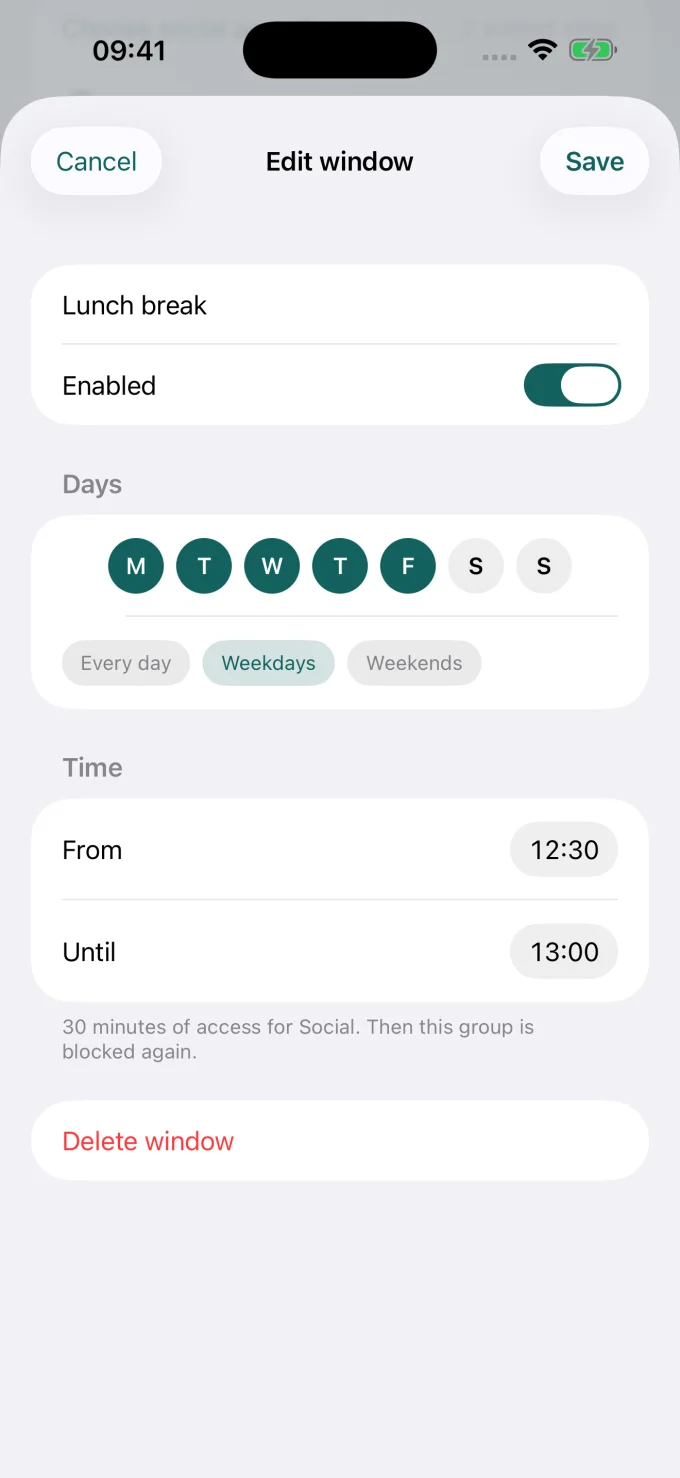 Do Instead allowed-times editor showing a sample Social schedule