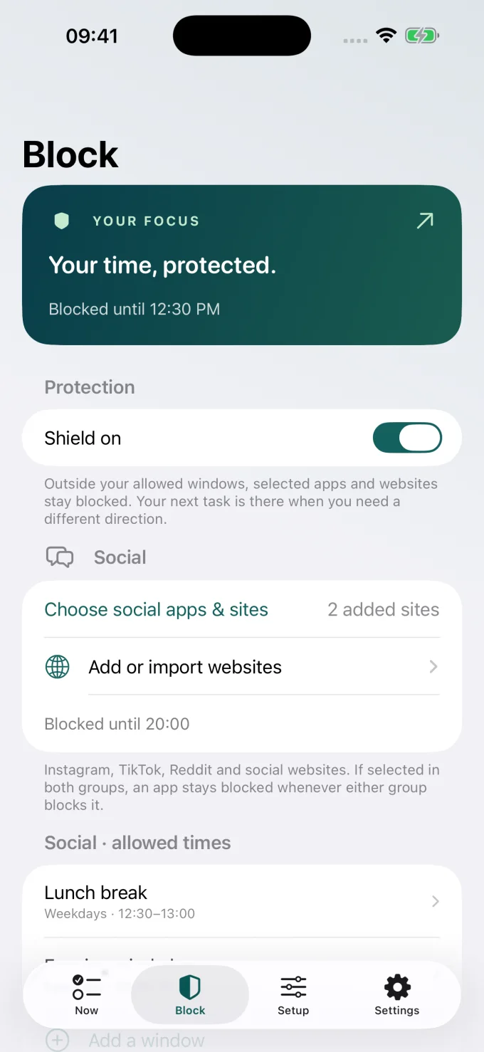Do Instead blocking setup showing Social app and website selection