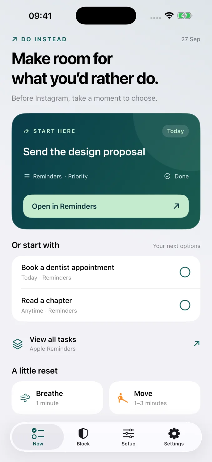 Do Instead Now screen with a sample Apple Reminders task, alternatives, breathing and movement.
